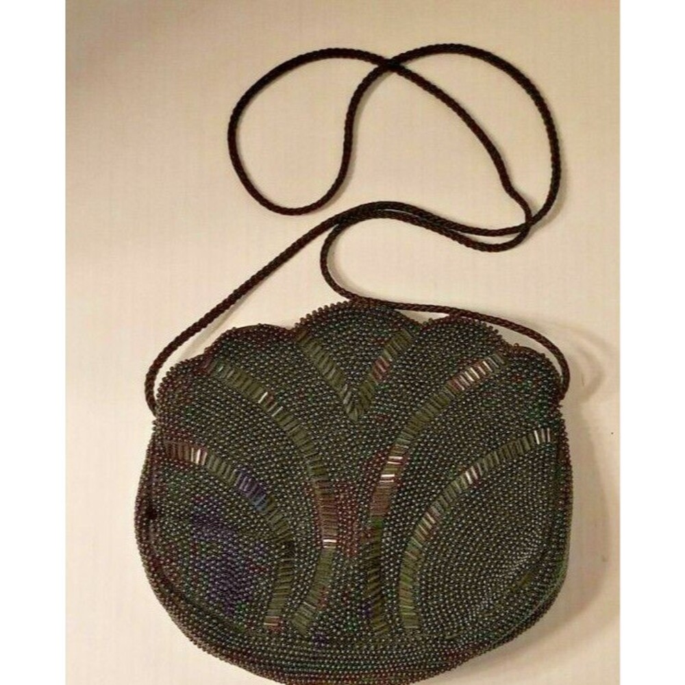 Beaded Evening Bag Black Zipper Closure Shoulder Rope Strap Scalloped Edge